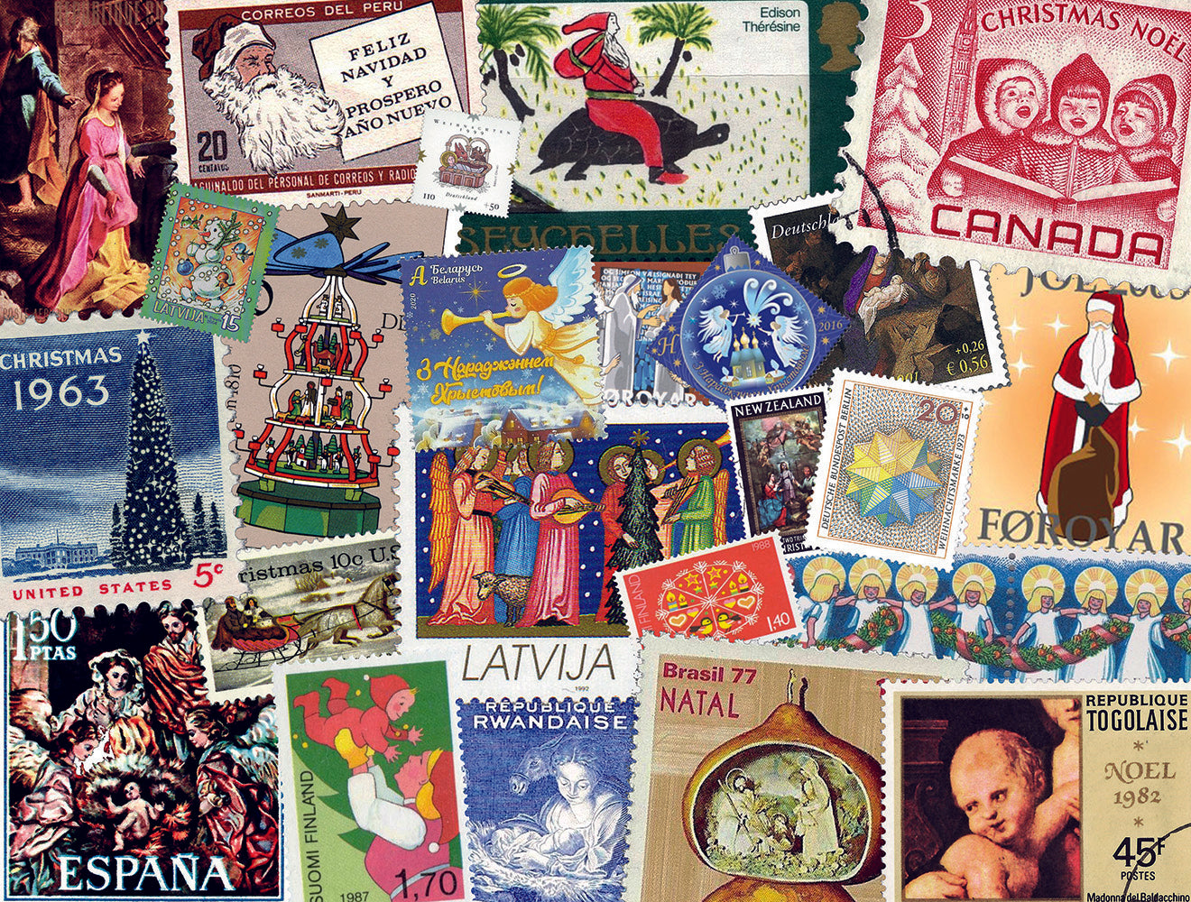 Christmas Stamps from Around the World 500 or 1000 Piece Jigsaw Puzzle